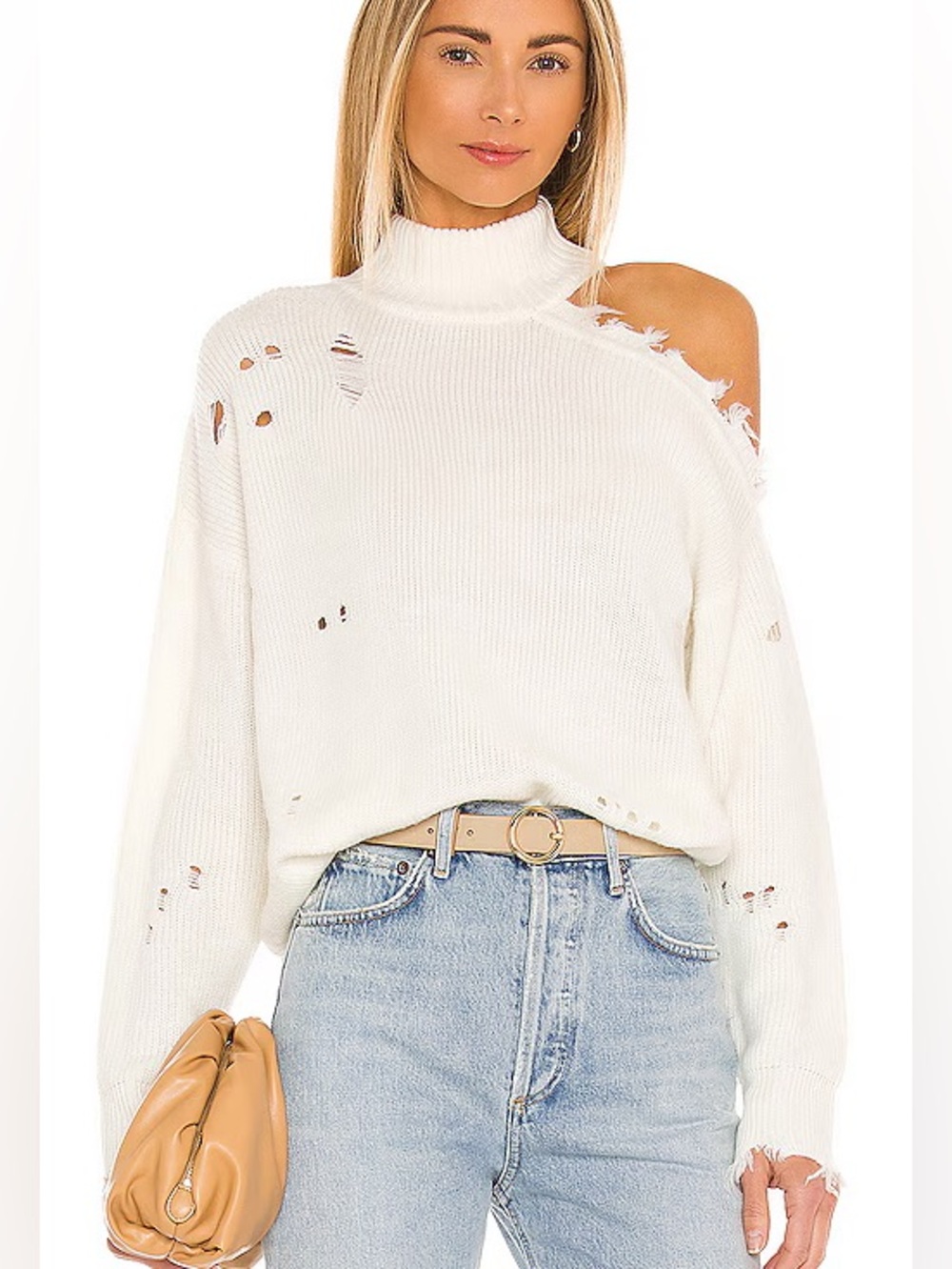 Lovers and Friends Arlington Sweater Distressed Destroyed One Shoulder Ivory S